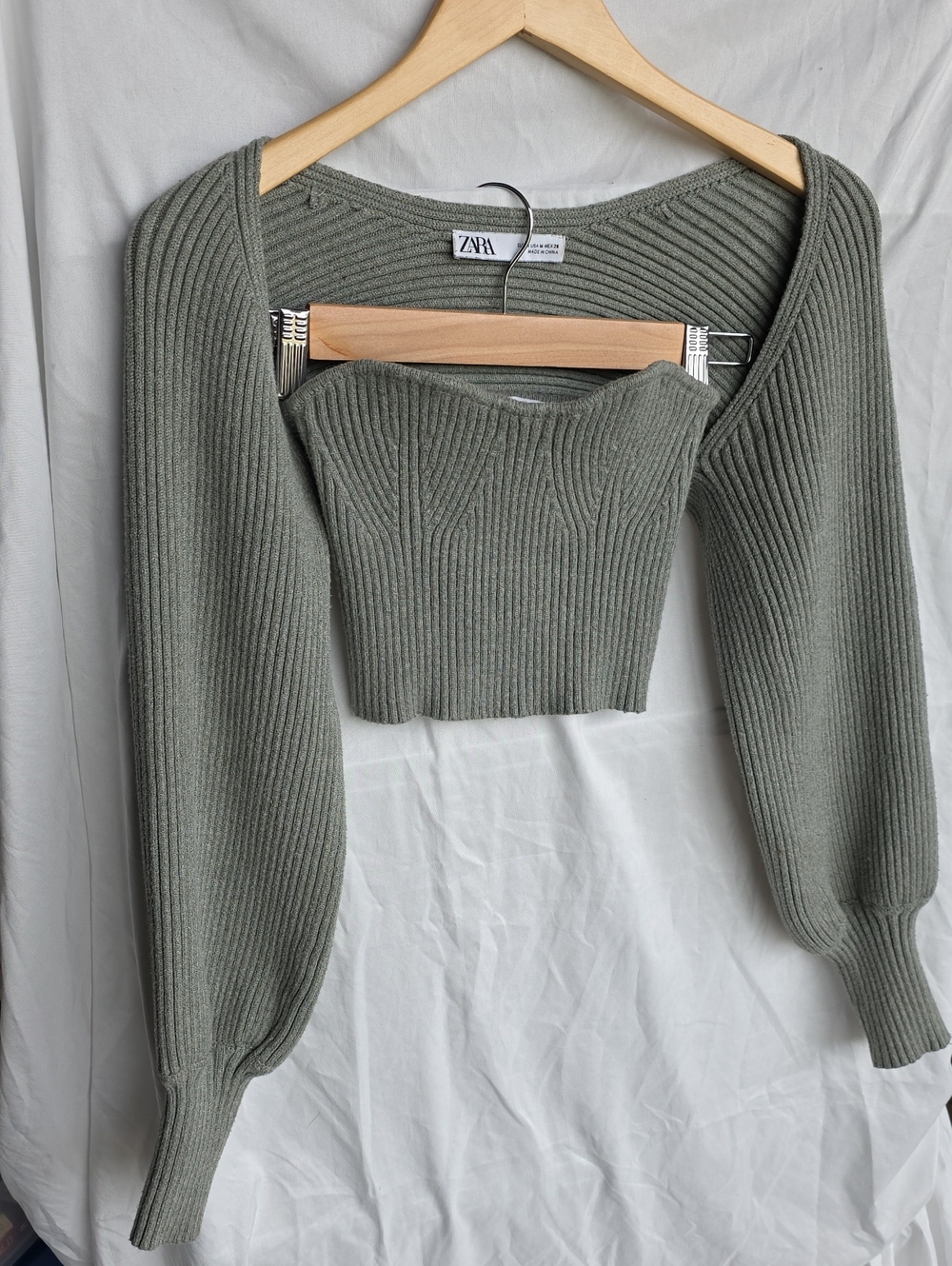 Zara Sage Green Ribbed Knit Crop Top with Bolero S/M